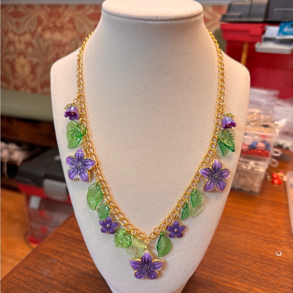 Floral new handmade charmed Gold and Purple Necklace with green leaves